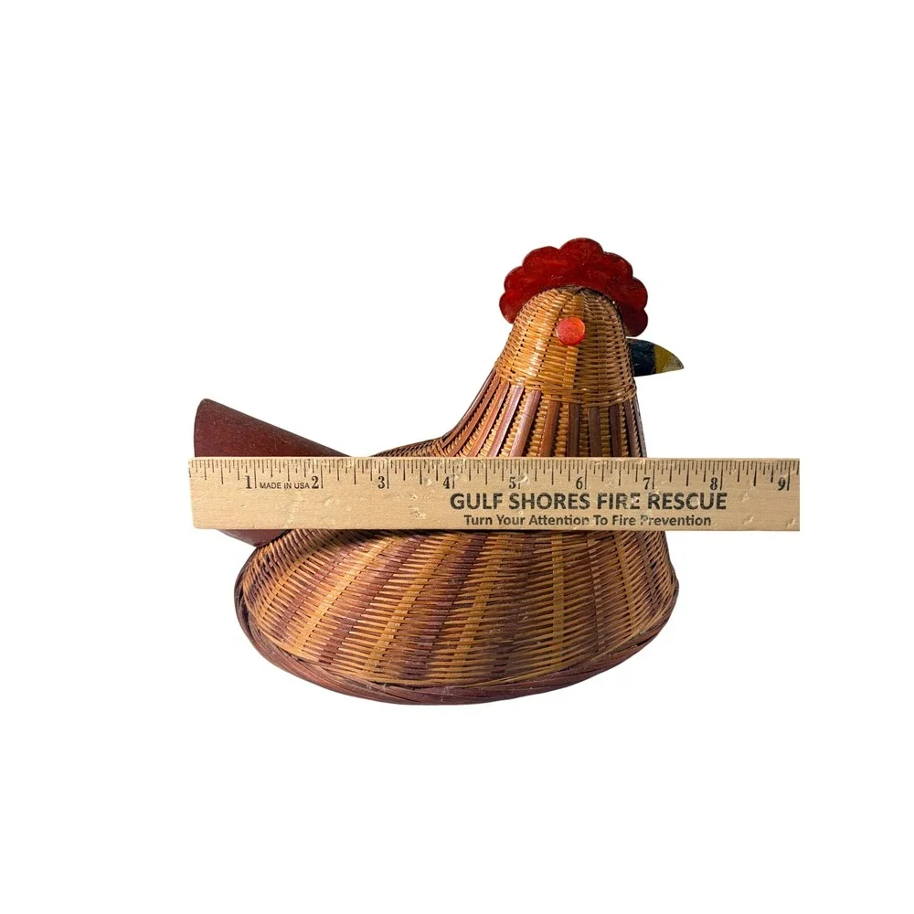 Vintage Woven Bamboo Hen on Nest Chicken Basket Farmhouse Decor Brown 2 Piece